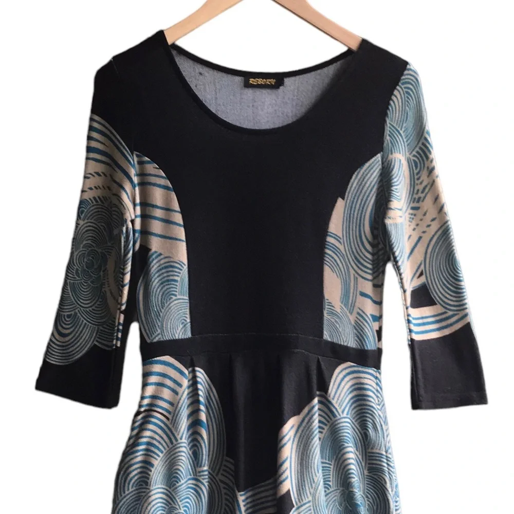 REBORN Boho Swirls Dress Pockets Size L Black Blue Art Deco 3/4 Sleeves Comfy